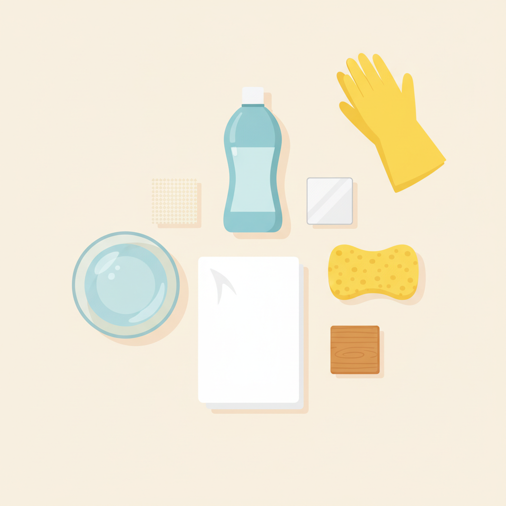 A bright, clean flat illustration showcasing a collection of essential cleaning preparation items neatly arranged on a light, neutral background. The composition includes a pristine white microfiber cloth, a soft sponge, a small bowl filled with clear water, a generic bottle (without any visible brand or text) symbolizing a cleaning agent, and a pair of yellow rubber gloves. Interspersed among these tools are small swatches representing different common surfaces like a piece of light-colored fabric, a small wooden block, and a ceramic tile. The scene emphasizes organization and readiness for a cleaning task.