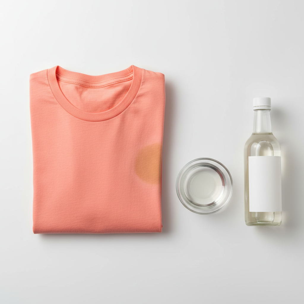 A vibrant, neatly folded colorful t-shirt (e.g., a bright blue or coral color) is displayed on a clean white surface. Prominently visible under one armpit is a distinct, yellowish-brown sweat stain. Adjacent to the t-shirt, a small glass bowl holds a clear liquid, representing a vinegar-water mixture, with a bottle of white vinegar positioned nearby. The scene should convey a sense of a practical home remedy being prepared, emphasizing the contrast between the clean garment and the stubborn stain. The overall style should be a professional, well-lit flat lay product photo.