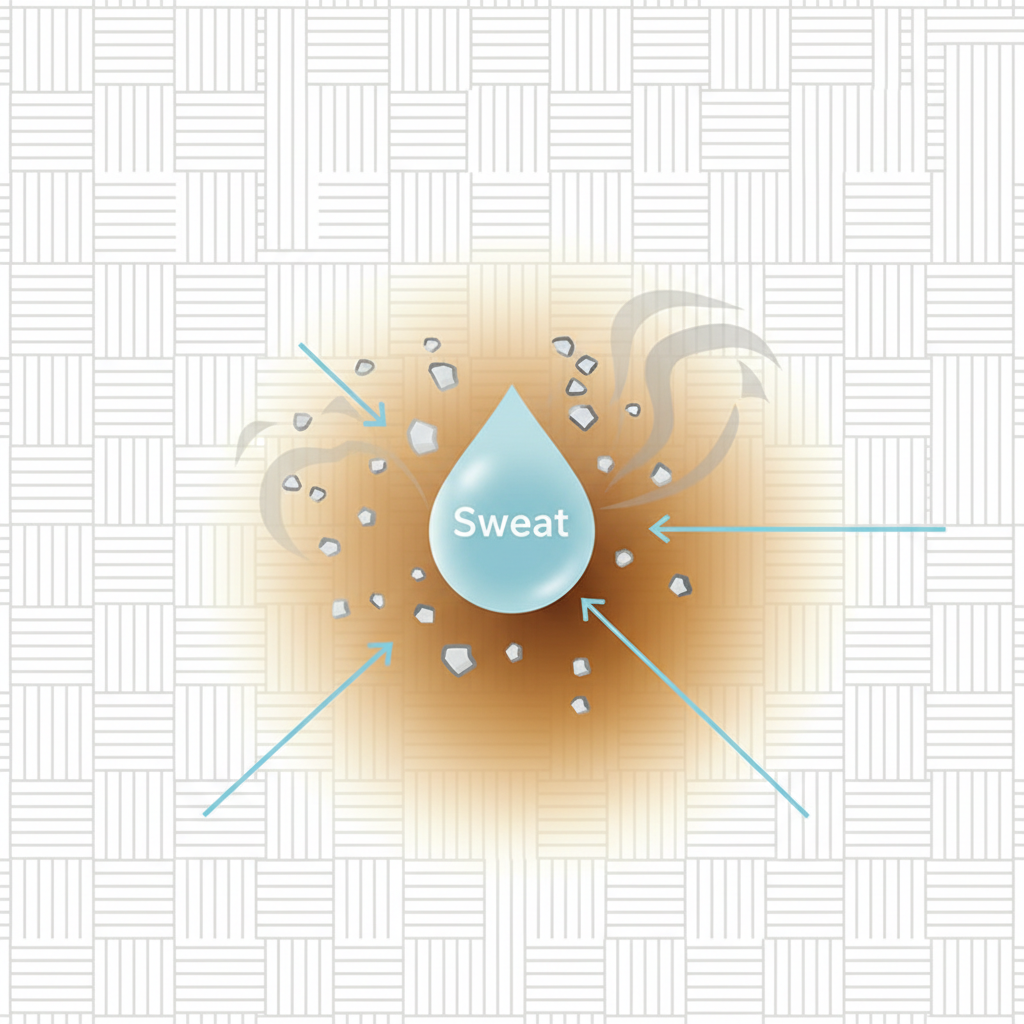 An infographic-style illustration depicting the microscopic interaction causing sweat stains. A simplified fabric texture forms the background. A clear sweat droplet, represented by a light blue sphere, is shown merging with small, abstract silver particles (symbolizing aluminum salts from deodorant) and faint grey wisps (representing air/oxidation). As these elements combine, a localized area on the fabric transforms into a progressively deeper yellow-brown discoloration. The illustration should be clean and modern, using simplified shapes and a clear visual flow to explain the chemical reaction without being overly complex.