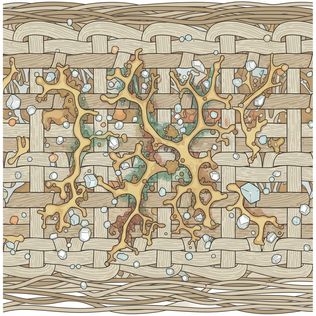A detailed, close-up scientific illustration of fabric fibers. Depict yellow-brown sweat stain molecules intertwined deeply within the textile threads, showing a subtle chemical reaction or oxidation effect. Small, abstract representations of salt crystals, proteins, and fats could be subtly integrated. The overall impression should convey stubbornness and deep integration into the fibers, perhaps with a subtle color shift indicating oxidation. Use a clean, modern infographic style with muted, natural colors and clear visual separation of elements.