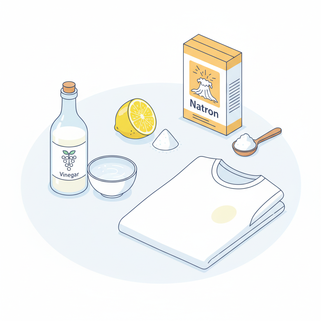 A vibrant, clean flat illustration showing a collection of household items arranged neatly on a light surface. In the foreground, a bottle of white vinegar with a small bowl containing a vinegar-water mixture, next to a folded white t-shirt subtly showing a light yellow armpit stain. In the midground, a cut lemon and a small pile of white citric acid powder. Towards the back, a box of baking soda (Natron) and a small dollop of baking soda paste. The scene should exude a sense of freshness and natural cleanliness, implying effective stain removal. The overall style should be bright, inviting, and practical.