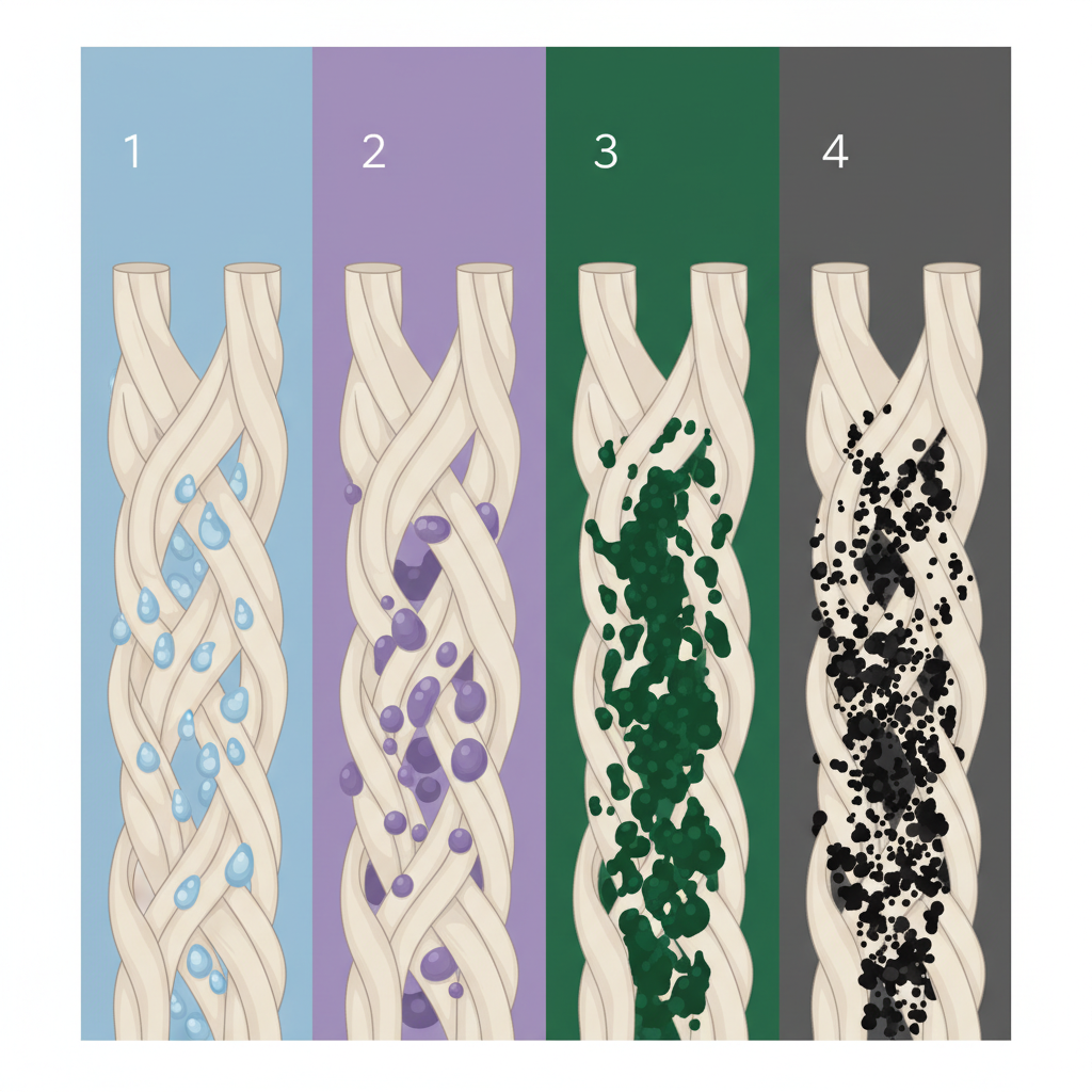 A detailed infographic-style illustration depicting a cross-section of fabric fibers. The illustration is divided into four distinct vertical segments, each showcasing a different ink type's interaction with the fibers: 1) Water-based ink, shown as light blue droplets loosely clinging to the fiber surface. 2) Alcohol-based ink, represented by deeper purple molecules penetrating slightly into the fiber structure. 3) Oil-based ink, depicted as dense, dark green globules deeply embedded within the fibers. 4) Document ink, illustrated as small, resistant black pigment particles tightly bound and deeply trapped within the fabric weave. The overall style is clean, modern, and scientifically illustrative with clear visual differentiation between ink types.