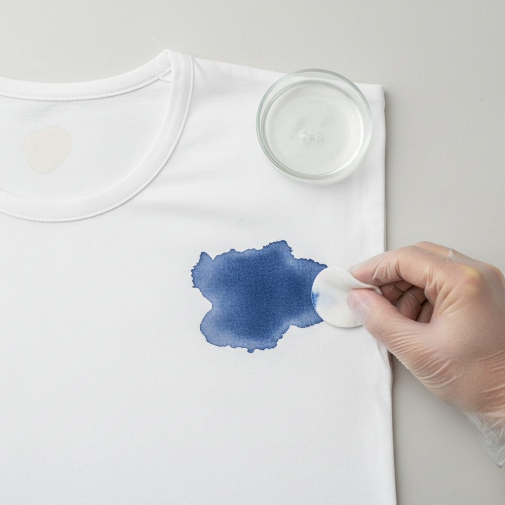 A professional, top-down still-life photograph capturing the meticulous process of ink stain removal. A light-colored fabric item, such as a white cotton shirt, is spread flat on a clean surface and features a prominent, dark ink stain. An unseen hand, possibly wearing a light protective glove, uses a clean cotton pad or soft cloth to gently blot the stain, clearly starting from its outer edge and working inwards. A small, unlabeled clear glass dish containing a transparent cleaning solution is visible nearby. In the background, a subtle, almost invisible test patch is discernible on an inconspicuous part of the fabric, symbolizing the essential preliminary step. The lighting is bright and even, emphasizing the careful action.