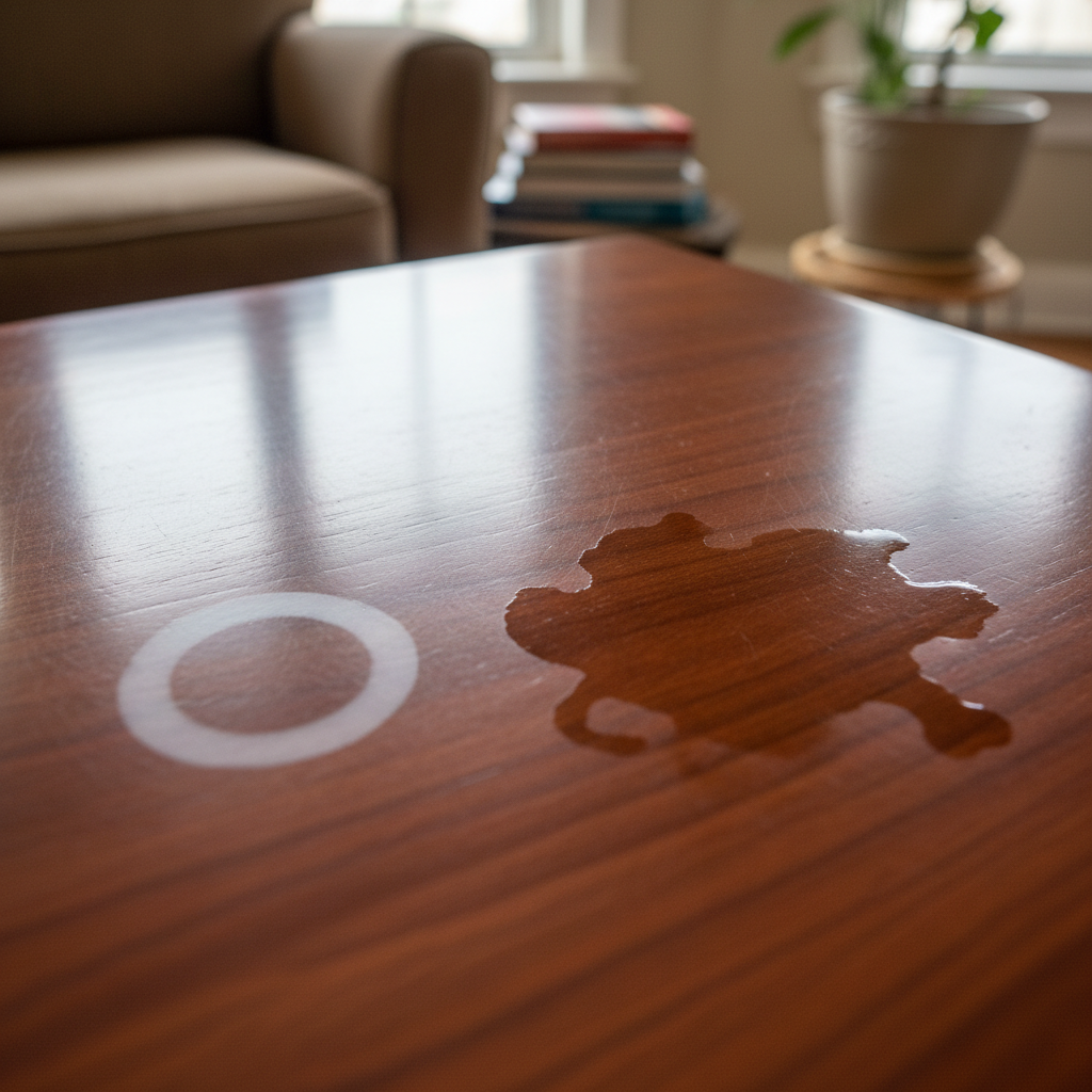 A close-up, high-resolution professional photo illustrating two distinct types of water stains on a polished wooden tabletop, possibly oak or cherry. On one side, a subtle, milky white ring stain is visible, appearing only in the top finish layer. On the other side, a darker, more deeply embedded, irregularly shaped water discoloration shows through the wood grain itself. The wood's natural texture and sheen should be clearly visible, with a softly blurred background hinting at a domestic setting.