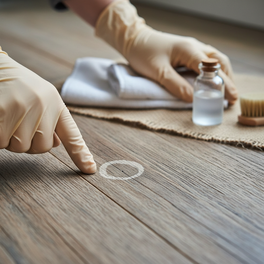 A professional lifestyle photo showing a pair of hands, possibly wearing protective gloves, carefully inspecting a section of an old wooden surface, like a furniture piece or floorboard. A faint, old water stain is subtly visible on the wood. One hand is gently touching or pointing to the wood grain, implying identification of wood type and finish. In the soft-focus background, a few basic cleaning preparation items like a soft cloth or a small, generic bottle of cleaner are arranged, ready for use.