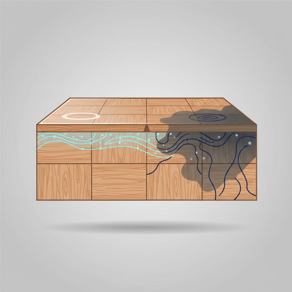 A detailed infographic-style illustration depicting a cross-section of parquet flooring. On the left side, a light, whitish water ring stain is shown on the surface, with moisture depicted only affecting the topmost protective layer of the wood. On the right side, a darker, grey-to-black water stain penetrates deeper into the wood grain, showing discoloration extending beyond the surface finish. Subtle visual cues indicate the varying depth of moisture damage for each type of stain. The overall aesthetic is clean, professional, and informative, suitable for a technical explanation.