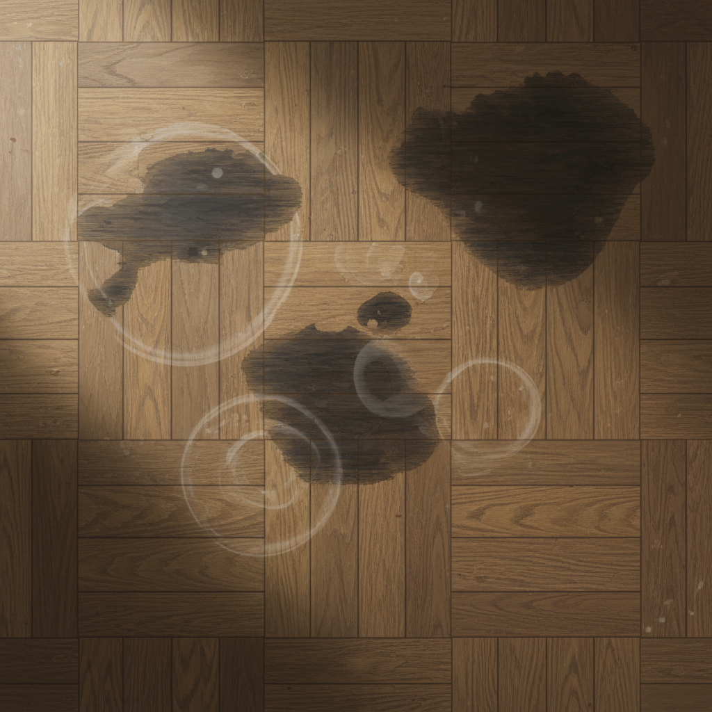 A realistic, high-angle digital painting of a distressed parquet floor. The image focuses on a section of the floor, showcasing multiple types of water damage. Several prominent, dark, older water stains appear as irregular, discolored patches, blending with some lighter, more recent water rings. The surrounding parquet exhibits its natural wood grain and a subtle sheen, creating a stark contrast with the dull, damaged areas. The lighting is soft and natural, emphasizing the texture and the visual impact of the stubborn, old stains on the otherwise beautiful wood.