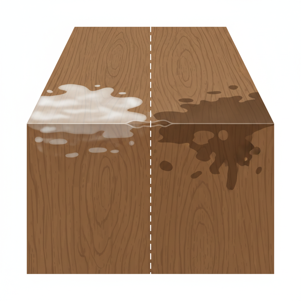 A close-up, cutaway illustration of a wooden surface, showing two distinct sections. On one side, a light, milky white water stain appears on the very top layer of the wood's finish, with a subtle depiction of shallow water absorption. On the other side, a darker, more deeply discolored water stain penetrates further into the wood grain, indicating a chemical reaction with the wood fibers below the finish. The illustration should clearly highlight the difference in depth and visual appearance between these two types of stains. The style should be a clear, informative cross-section diagram with a realistic wood texture.