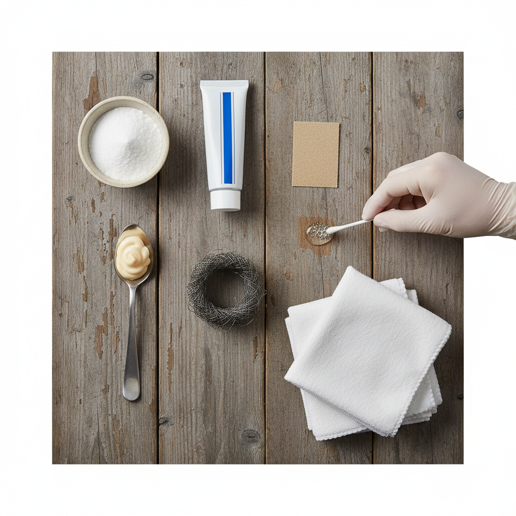 A professional flat lay photo showcasing an organized collection of materials on a rustic wooden background. The arrangement includes a small bowl of baking soda, a tube of white toothpaste, a small dollop of mayonnaise on a spoon, a neatly rolled piece of fine steel wool (grade 0000), a small piece of fine-grit sandpaper, and a stack of soft, lint-free cloths. In one corner, a gloved hand is gently dabbing a tiny amount of a cleaning agent onto an inconspicuous spot on the wooden surface, illustrating a test patch. The lighting is bright and even.