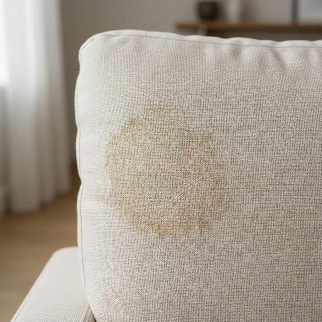 A professional, high-resolution photo capturing a close-up of a light-colored upholstered sofa or armchair. A prominent, old, faded water stain, irregular in shape, is clearly visible on the fabric. The texture of the upholstery, possibly linen or cotton, is visible, and the stain subtly emphasizes the dried mineral deposits within the fibers. The lighting should be soft and natural, suggesting an indoor home environment, highlighting the challenging nature of the ingrained stain.
