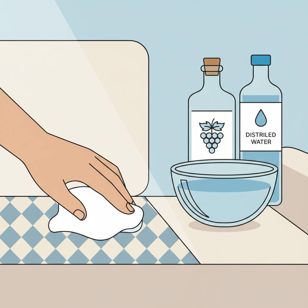 A clean, flat illustration depicting the preparation steps for cleaning upholstery. The scene is divided into two conceptual areas. On one side, a hand holds a small, clean white cloth, gently dabbing a tiny, discreet corner of a stylized fabric swatch, representing the crucial 'test area' concept. On the other side, a clear glass bowl holds a translucent liquid, representing a cleaning solution, with a simple bottle of white vinegar and a bottle of distilled water subtly in the background, illustrating the mixing of ingredients. The style is minimalist with clear lines.