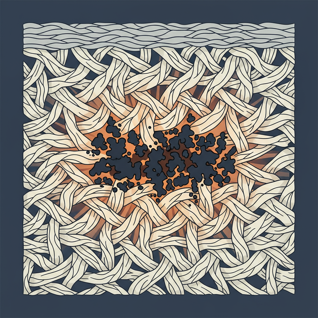 A detailed, stylized scientific illustration depicting a cross-section of fabric fibers. The fibers appear tightly woven and slightly roughened. Deeply embedded within these fibers are dark, irregular particles, representing a stubborn, 'washed-in' stain. Around these particles, a subtle, diffused orange glow emanates, symbolizing the effect of heat from washing or drying that has further bonded the stain to the material. The background is clean and monochromatic, focusing entirely on the intricate interaction between stain and fabric. Infographic style, clean lines, vibrant but professional colors.