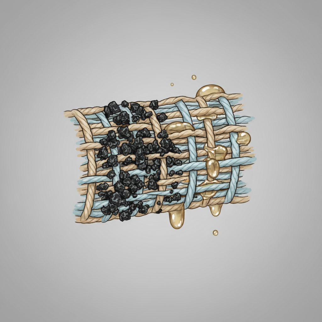 A close-up, microscopic view of fabric fibers. Some fibers have dark, oily particles deeply embedded and intertwined, illustrating an 'old' grease stain. These particles show a slight texture change, suggesting solidification or 'burning in.' In contrast, a nearby section could show grease particles sitting more on the surface, representing a fresh stain. The visual emphasizes the deep penetration of old grease into the textile structure, explaining its stubbornness. Style: Scientific illustration, clean diagram style with a muted color palette.