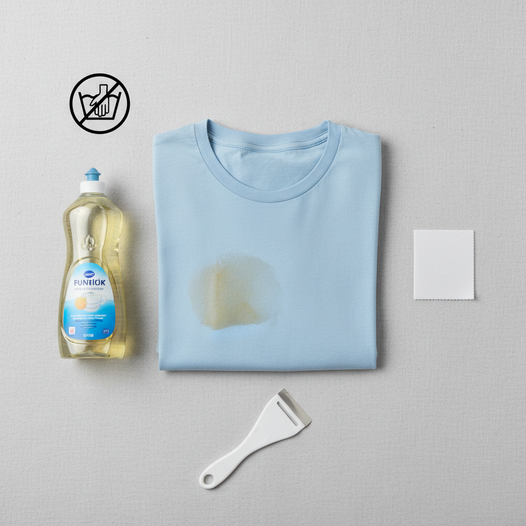 A professional flat lay photograph showcasing the preparation steps for tackling a stubborn grease stain. In the center, a neatly folded piece of clothing (e.g., cotton shirt) with a clear, dried grease stain. Surrounding it are relevant items: a bottle of dish soap, a generic fabric care label symbol, a small, clean test fabric swatch, and a dull plastic scraper (like a credit card) poised to gently remove excess material from the stain. The scene conveys readiness and careful attention. Style: Bright, clean product photography.