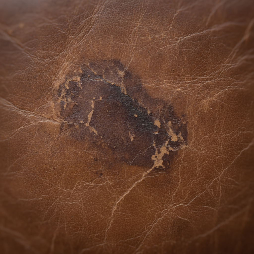 A high-resolution, professional close-up photo of an old, stubborn grease stain on a piece of worn but luxurious brown leather, like a vintage leather armchair or an antique satchel. The stain should appear deeply absorbed, slightly darker, and have a subtle sheen difference from the surrounding matte leather, indicating its age and difficulty. The leather texture should be clearly visible, showing fine lines and natural imperfections. The image should convey the challenge of an embedded stain, perhaps with a slight blurring effect on the very edges of the frame to draw focus to the core problem area.