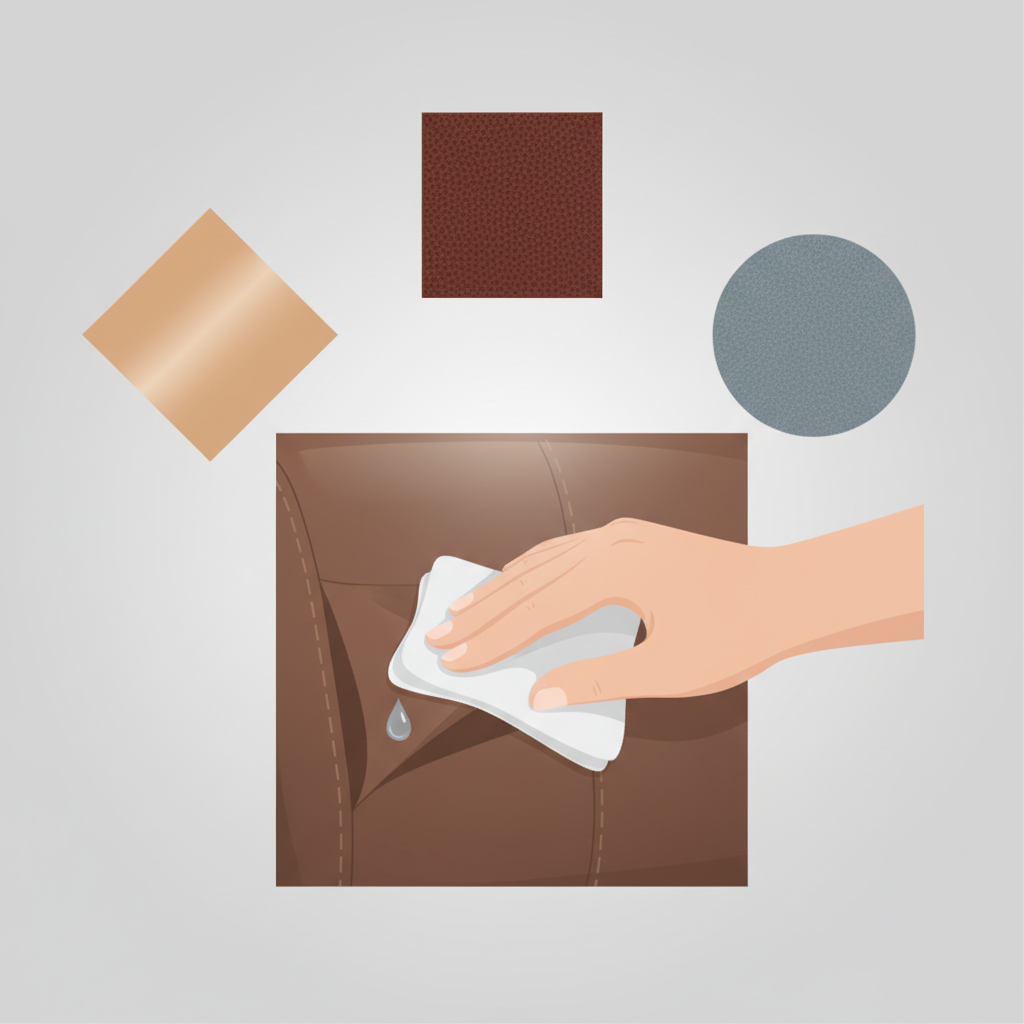 A modern, clean flat illustration depicting the crucial 'test spot' concept for leather cleaning. The central element is a human hand (light skin tone) dabbing a small, clear liquid droplet onto an inconspicuous area of a generic leather object, such as the underside of a small flap or a hidden seam. Around this central action, show three distinct, simplified leather texture swatches: a smooth, slightly glossy one (representing aniline), a subtly pebbled or textured one (representing pigmented), and a soft, fuzzy one (representing suede/nubuck). The overall composition should emphasize careful preparation and material consideration.