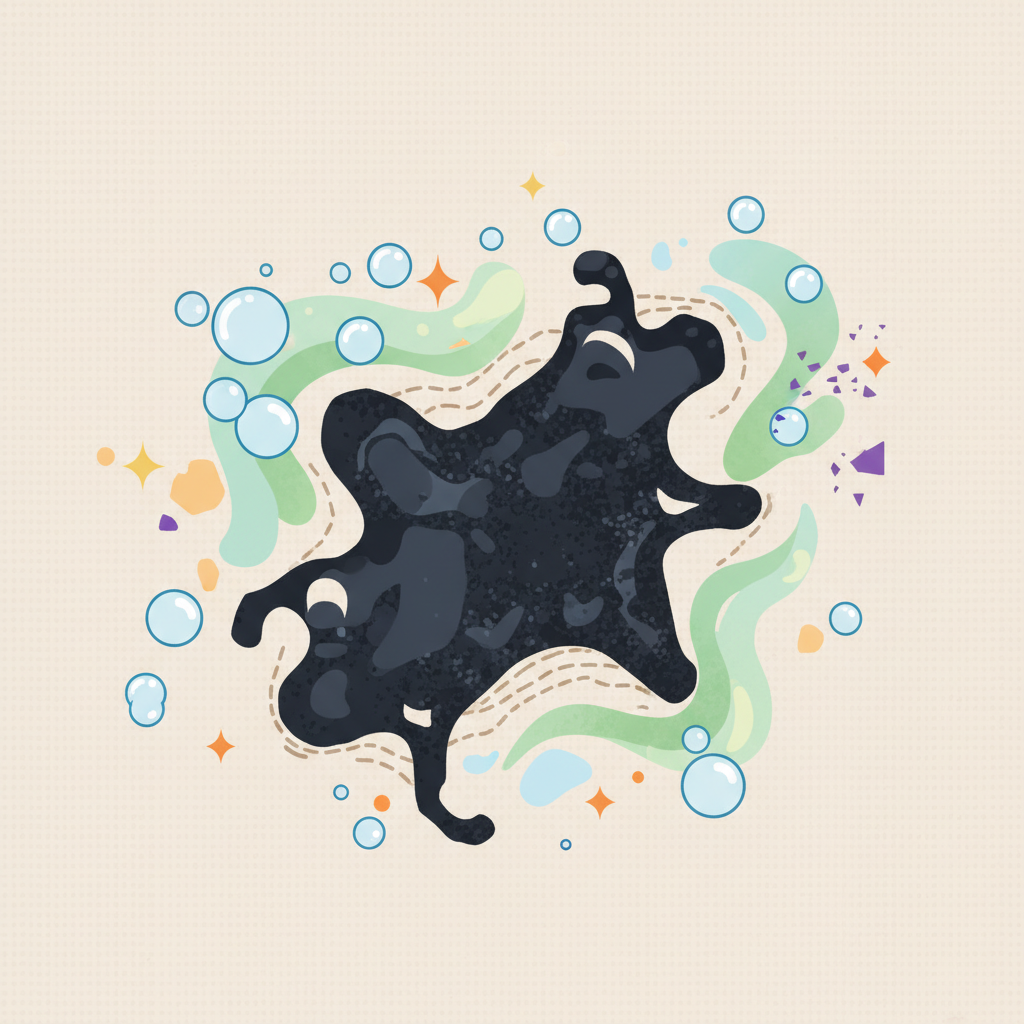 A detailed, close-up flat illustration of a stubborn, dried-on grease stain deeply embedded in the fibers of a light-colored fabric. The stain appears dark and resistant, with subtle visual cues of being 'anchored' within the textile. Around and subtly interacting with the stain are abstract representations of cleaning agents – perhaps small, dynamic bubbles, dissolving particles, or gentle waves, symbolizing emulsification and breakdown. The overall feeling is one of a challenging problem being systematically addressed. Clean lines, a modern aesthetic, and a focus on texture for both the fabric and the stain.