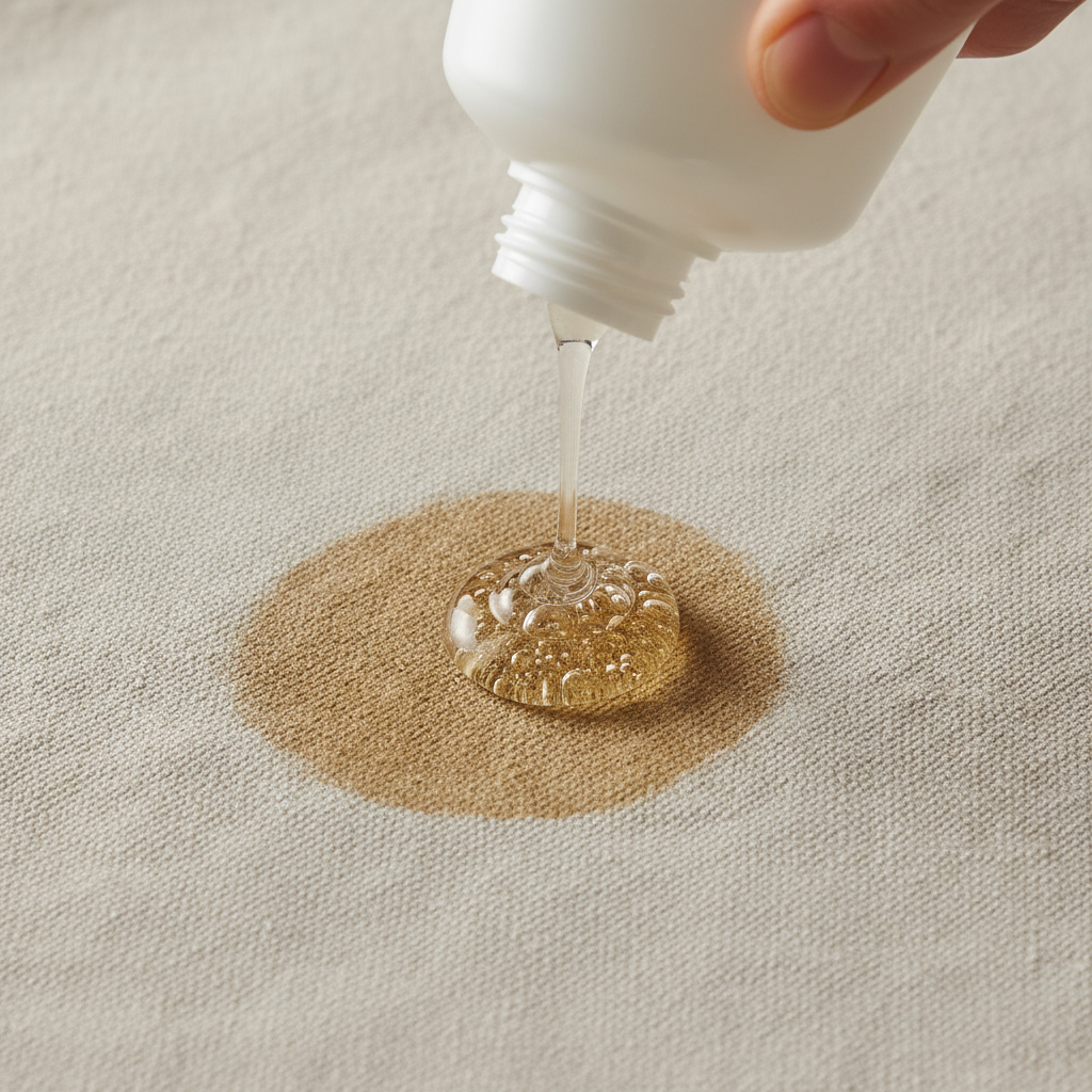 A professional, high-resolution close-up photograph. The scene shows a small, concentrated puddle of translucent liquid dish soap being applied directly onto a prominent, dried grease stain on a piece of light-colored cotton fabric. A hand, partially visible, is squeezing the dish soap bottle, letting a drop fall onto the stain. The texture of the fabric should be clearly visible, and the dish soap should appear viscous, beginning to spread slightly over the greasy area, suggesting its active work. The lighting is bright and clean, emphasizing the cleaning action.