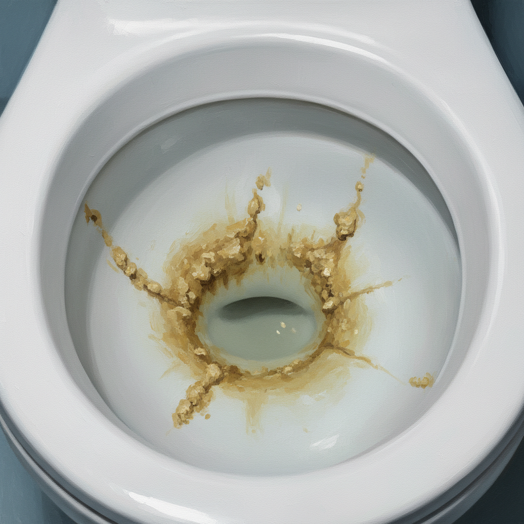 A realistic digital painting depicting a close-up, slightly angled view of the interior of a white ceramic toilet bowl. The focus is on the water line and the area just below, where prominent, thick, and stubborn yellowish-brown calcified deposits of 'Urinstein' are clearly visible clinging to the ceramic surface. The deposits should appear hard and entrenched, signifying their age and persistence. The rest of the ceramic bowl should be clean, contrasting sharply with the unsightly scale, conveying the common challenge of removing these stains effectively.