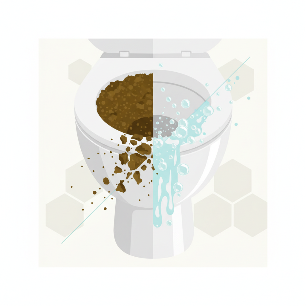 A clean, modern flat illustration showing a conceptual split or dynamic transition within a toilet bowl. On one side, a section of the ceramic bowl is visibly coated with thick, dark yellowish-brown urine scale, representing the 'before' state. On the other side, or dynamically interacting with the scale, a clear, effervescent cleaning liquid (or symbolic bubbles/particles) is actively dissolving and breaking down the urine scale, revealing the pristine white ceramic underneath. The image should convey the process of effective cleaning and the positive transformation, suggesting solutions are at hand.