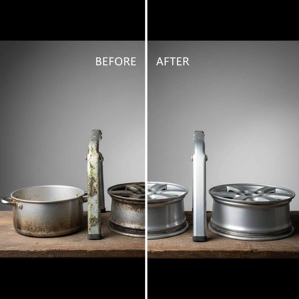A professional, high-quality photograph showcasing a dramatic before-and-after transformation of aluminum objects. On the left side, a collection of common aluminum items such as a dull cooking pot, an oxidized garden chair leg, and a slightly grimy car rim appear tarnished, matte, and unkempt. On the right side, the identical items are gleaming brightly, highly polished, and reflecting light with a striking, radiant shine. The lighting should emphasize the contrast and the successful restoration of their luster.