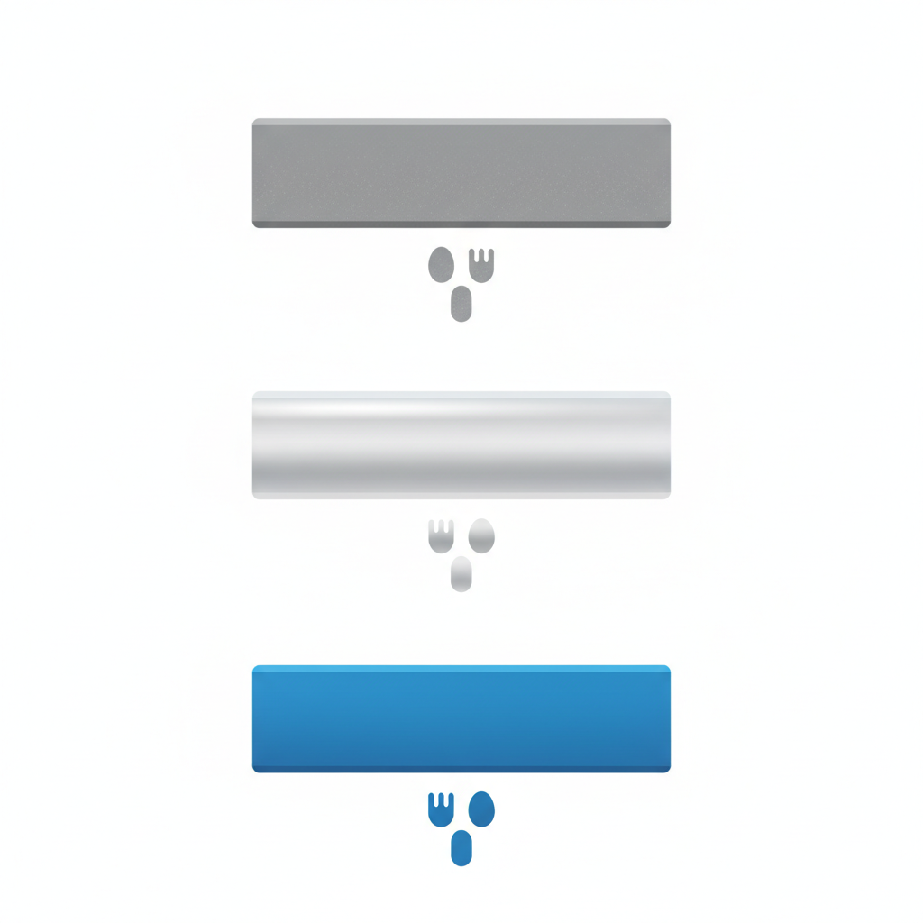 A clean, infographic-style illustration depicting three distinct types of aluminum surfaces. Each section features a simple, stylized aluminum object, like a generic bar or utensil. The first object represents untreated, blank aluminum with a slightly textured, matte grey appearance. The second object, for anodized aluminum, shows a subtly enhanced, smoother surface with a hint of a protective layer. The third object illustrates powder-coated aluminum, displaying a uniform, smooth, and vibrant colored finish. The overall aesthetic is minimalist, focusing on clear visual differentiation of the surface treatments.