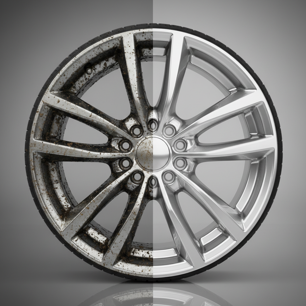 A detailed, professional photo showing a stark before-and-after contrast of an aluminum car rim. On the left side, a close-up of a heavily soiled rim, caked with dark brake dust, gritty road grime, and visible specks of tar, appearing dull and neglected. On the right side, the exact same type of rim, now impeccably clean, polished to a high shine, reflecting light beautifully and looking brand new. The background is softly blurred to keep the focus entirely on the rim's condition transformation.
