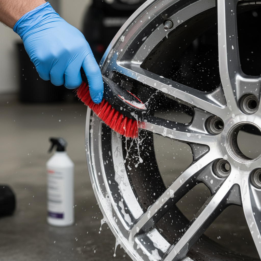 A dynamic, medium close-up shot of a person's hands diligently cleaning an aluminum car rim. One hand, wearing a protective glove, holds a specialized, ergonomic wheel brush, actively scrubbing deep into the spokes or crevices. The rim surface is visibly wet with cleaning foam or water, and a few glistening droplets are captured mid-action. The overall impression is one of careful maintenance and the effective use of tools. Bright, clean photographic style with a shallow depth of field.