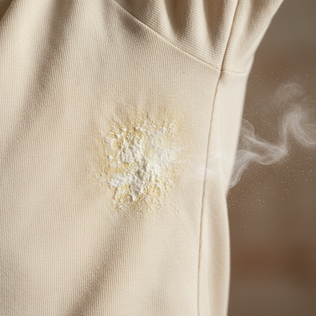 A professional, crisp macro photo focusing on the armpit area of a light-colored fabric t-shirt. The fabric should clearly display a prominent yellowish, somewhat chalky aluminum deodorant stain, deeply embedded in the fibers. The lighting highlights the texture of both the fabric and the residue, emphasizing its stubborn nature. A subtle, abstract visual effect, like very fine, shimmering particles or a gentle chemical cloud, emanates from the stain, symbolizing the reaction without showing literal molecules. The background is softly blurred to keep the focus on the stained fabric.