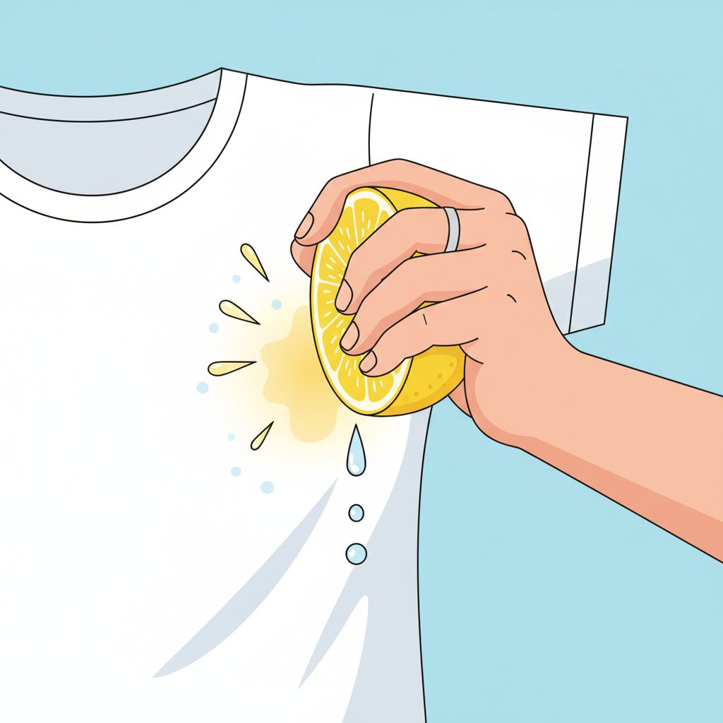 A bright, clean, flat illustration depicting a close-up of a stained garment receiving treatment. A human hand is gently squeezing a half-cut lemon directly over a yellowish deodorant stain on the armpit of a white t-shirt. Droplets of lemon juice are visibly falling onto the stain, creating a subtle fizzing or dissolving effect with small, stylized bubbles or light radiating from the point of contact. The focus is on the action of applying the natural remedy. The background is simple and uncluttered, emphasizing the process.