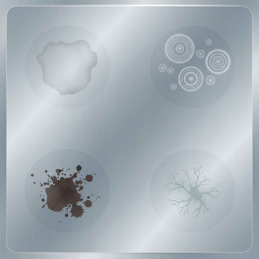 A vivid flat illustration depicting a polished, metallic aluminum surface marred by several distinct types of stains. One area features a dull, whitish patch indicating oxidation. Another section shows small, circular water spot patterns. A third displays a dark, splotchy mark resembling food residue. A fourth area exhibits a subtle, etched discoloration from a chemical reaction. The illustration should be bright and clean, with the imperfections clearly visible and contrasting against the smooth, reflective aluminum background, visually explaining the variety of common aluminum stains.