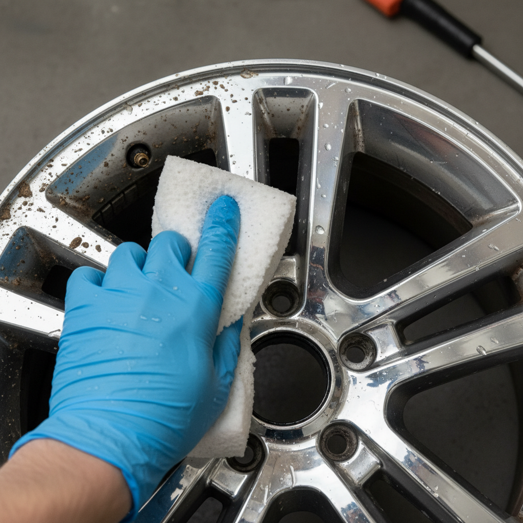 A high-definition, professional photo or realistic digital painting showcasing a human hand actively cleaning a visibly stained aluminum surface. The hand, possibly wearing a glove, is gently scrubbing a section of an aluminum pot or a car wheel rim with a damp sponge or soft cloth. One portion of the aluminum object should appear dull and stained, while the adjacent area gleams brightly and looks restored, demonstrating a clear visual transition from 'dirty' to 'clean' and emphasizing the effectiveness of the cleaning process.