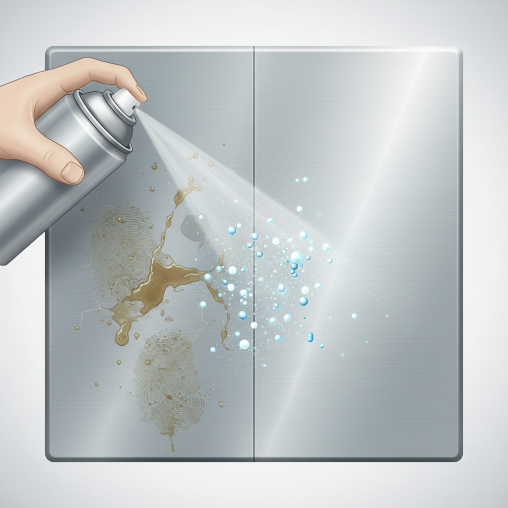 A close-up illustration of a brushed aluminum surface, half of which is visibly soiled with grease, fingerprints, and smudges. The other half is pristine and clean, showing a clear contrast. A spray stream from a generic aerosol can (without any text or branding) is directed towards the dirty section, with small, abstract representations of molecules or particles lifting from the surface, indicating a cleaning action. The scene should convey the product's effectiveness on common aluminum grime. Professional, high-detail product illustration with a clean, light background and a modern, slightly technical aesthetic.