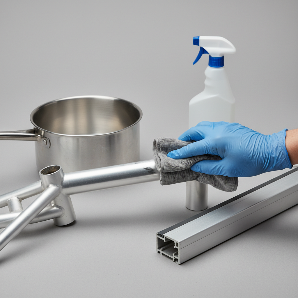 A high-angle professional photo featuring an assortment of common aluminum items, such as a section of a sleek bicycle frame, a modern kitchen pot, and a contemporary window profile corner. Each item should appear slightly smudged or dusty, with one piece being actively wiped clean by a hand wearing a glove and holding a soft microfiber cloth, revealing a polished shine. A generic spray bottle (without any text or branding) is positioned subtly in the background, hinting at the cleaning process. The scene should emphasize the versatility of aluminum and the concept of restoring its cleanliness. Bright, well-lit studio photography aesthetic with a clean, neutral background.