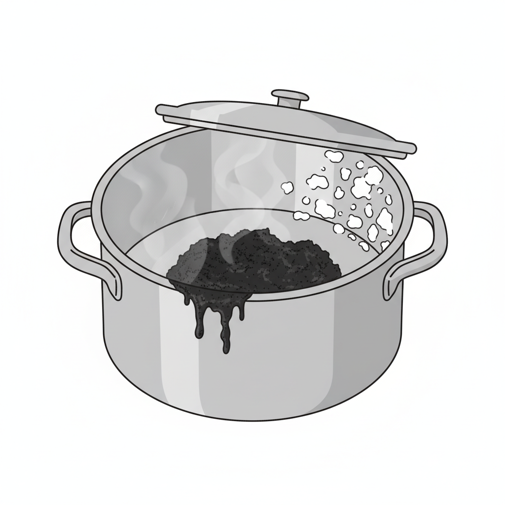 An infographic-style illustration of an aluminum pot with conceptual visual representations of common problems. One section of the pot's exterior shows subtle gray hazing and streaks, indicating 'anlaufen' or tarnishing. Another area inside the pot displays dark, charred, stuck-on residue at the bottom, representing 'angebrannte Speisereste'. A third section along the inner wall has distinct white, flaky, uneven deposits, signifying 'Kalkablagerungen'. The pot itself is simple in form, allowing the problems to stand out clearly. Flat illustration, clean lines.