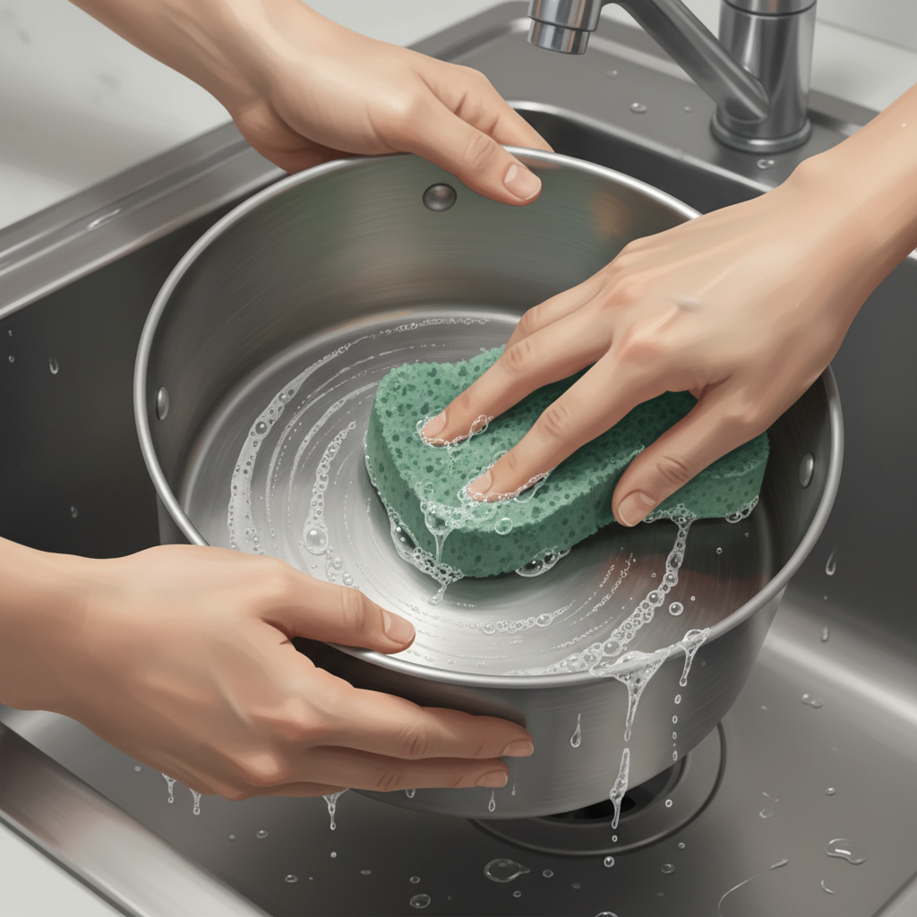 A close-up, dynamic shot of hands actively cleaning the interior of a medium-sized aluminum pot in a kitchen sink. One hand holds the pot steady, while the other uses a soft, green scouring sponge or cloth to gently scrub the inner surface. A subtle amount of foam or bubbles suggests a cleaning solution is at work, and water droplets are visible. The pot's surface is in a transitional state, part dull, part becoming visibly cleaner. Realistic illustration, focused on action and detail.