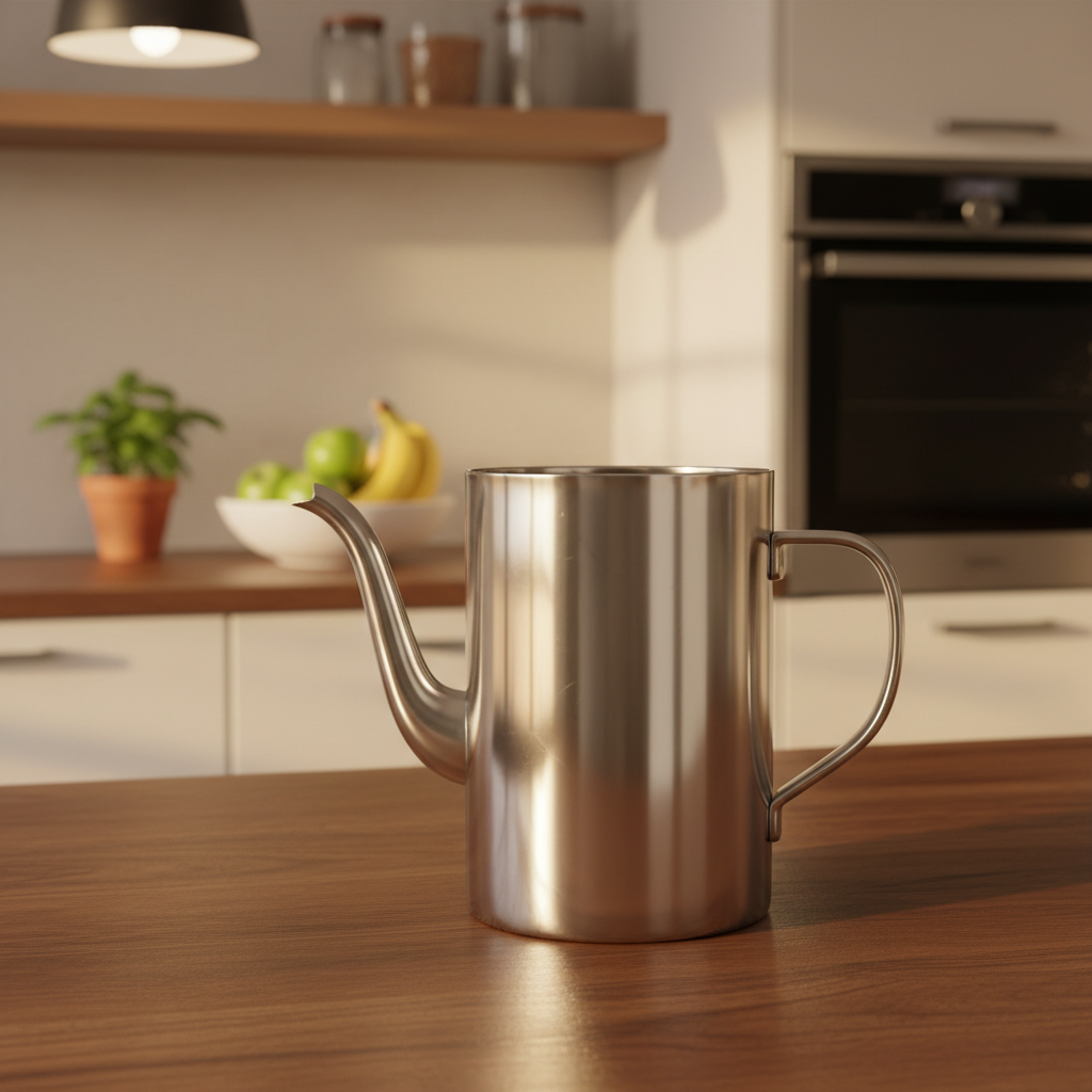 A beautifully clean and sparkling aluminum teapot or coffee pot standing proudly on a polished wooden kitchen counter. The pot's surface is highly reflective, mirroring soft, warm ambient light from a nearby window or kitchen lamp. In the soft-focus background, hints of a modern, tidy kitchen environment are visible, perhaps a subtle glimpse of a fruit bowl or a potted herb. The overall atmosphere conveys freshness, cleanliness, and the reward of proper care. Professional lifestyle photo, warm and inviting.