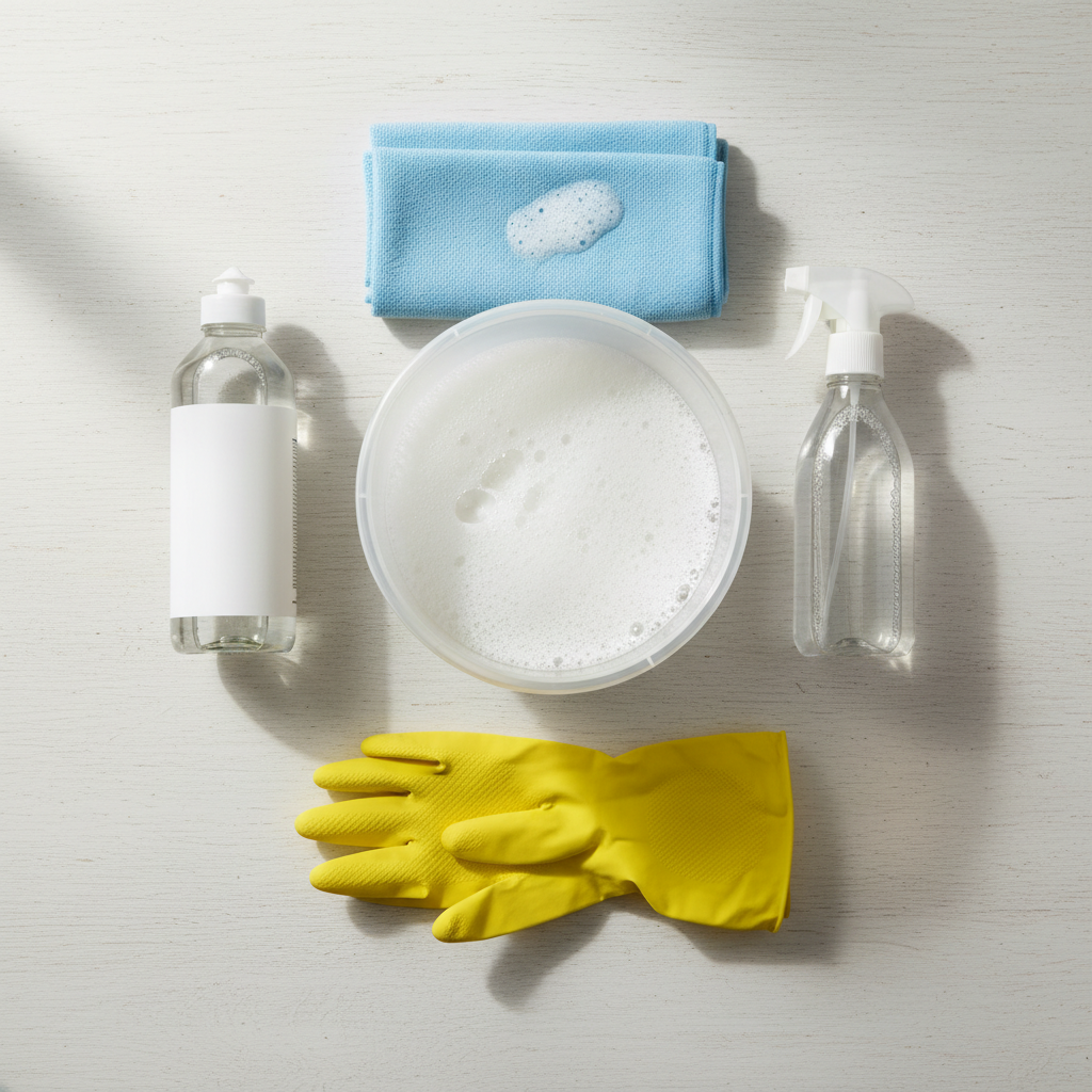 A meticulously organized flat lay photograph showcasing various cleaning tools and materials essential for aluminum frame maintenance. Include a neatly folded soft microfiber cloth, a clear bucket filled with foamy, soapy water, a transparent bottle of mild, clear liquid detergent, a spray bottle, and a pair of bright yellow protective rubber gloves. All items are arranged on a clean, light wooden surface or a white tabletop, illuminated by soft, natural light. Clean product photography style.