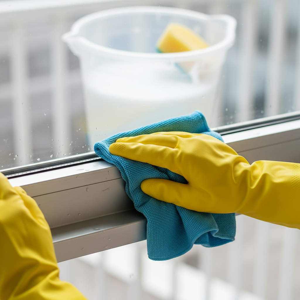 A close-up, dynamic shot focusing on gloved hands actively engaged in cleaning an aluminum window frame. One hand, wearing a yellow protective glove, holds a damp, soft blue microfiber cloth, gently wiping down a section of the sleek silver frame. The frame beneath the cloth appears noticeably cleaner and shinier. A small, clear bucket with sudsy water is subtly visible in the background, out of focus. Lifestyle photography, natural light, emphasizing a gentle and effective cleaning action.