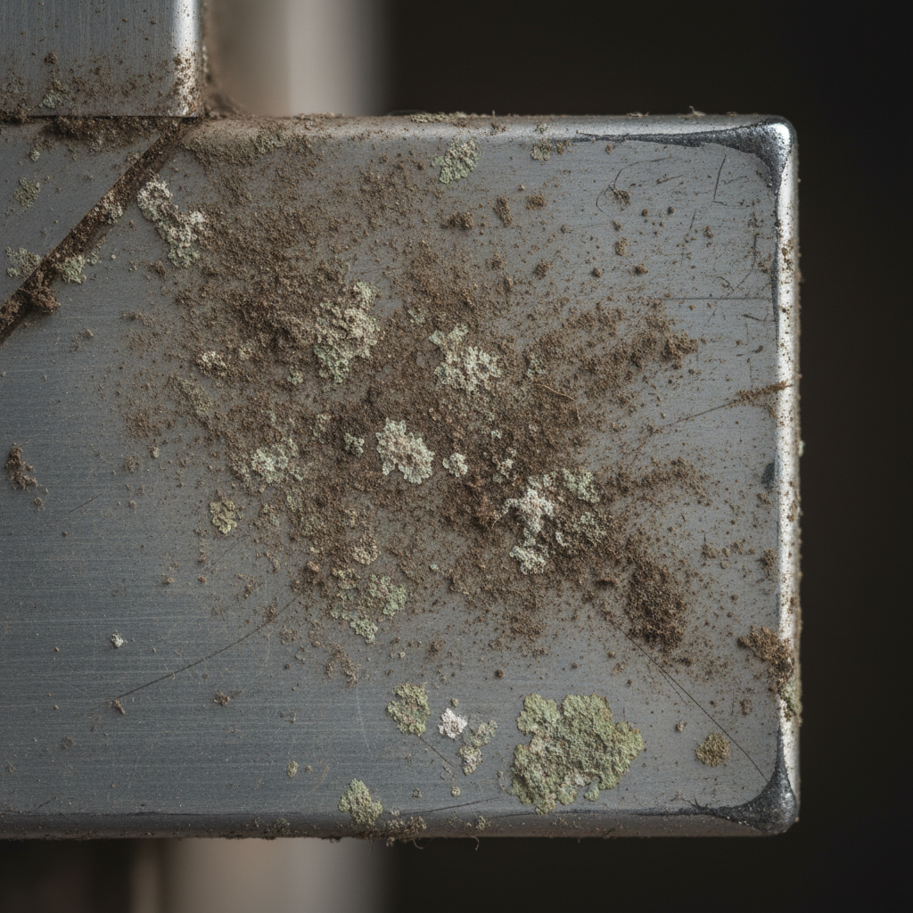 An evocative macro shot illustrating the adverse effects of neglected aluminum. The image focuses on a section of an aluminum frame heavily coated with layers of fine dust, grime, and subtle greenish or whitish oxidation spots, giving it a dull, tarnished appearance. The surface lacks any shine, and hints of scratches or wear might be subtly visible within the accumulated dirt. The lighting emphasizes the texture of the grime. Realistic photography, detailed, slightly somber tones to convey neglect.