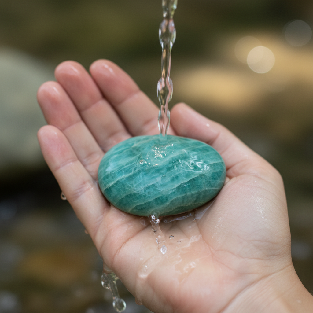 A smooth, polished Amazonite stone, displaying its characteristic green-blue color with subtle white veining. A gentle stream of clear, cool water flows over it, held in a cupped hand, symbolizing the washing away of negative energies. The scene should evoke a sense of cleansing and purity, with soft, natural light refracting through the water and stone, creating subtle sparkles. The background is simple and tranquil, out of focus to keep the focus on the stone and water interaction. Professional product photography with a serene, natural aesthetic.