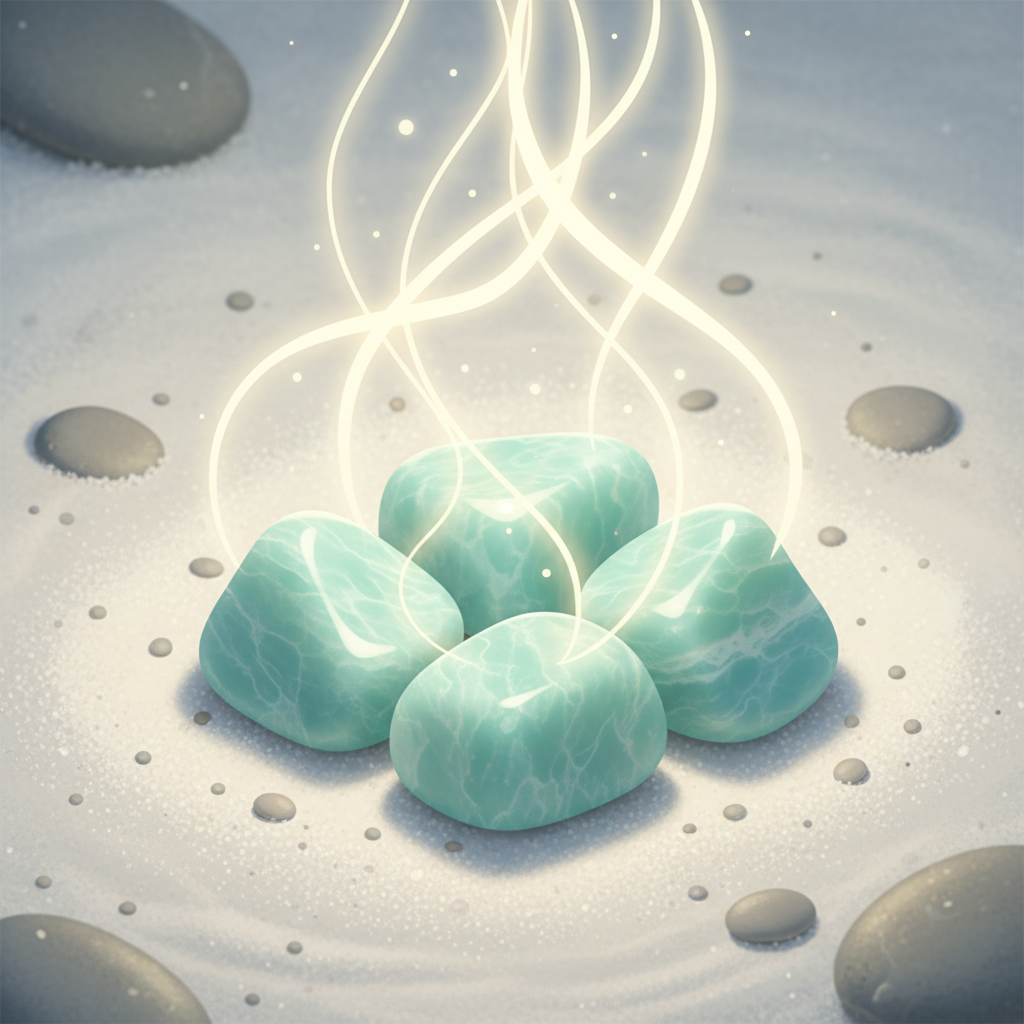 A collection of smooth, tumbled Amazonite stones, showcasing their distinctive green-blue shades and subtle white patterns. They are arranged peacefully on a soft, natural-textured surface, such as smooth river stones or fine sand. Gentle, ethereal energy lines or a soft, warm glow subtly emanate from the Amazonites, symbolizing their revitalized power and harmonizing energy. The overall composition is calm and balanced, with soft, diffused lighting, perhaps hinting at a natural light source like sun or moon, suggesting replenishment and well-being. Flat illustration with a soft, ethereal glow.