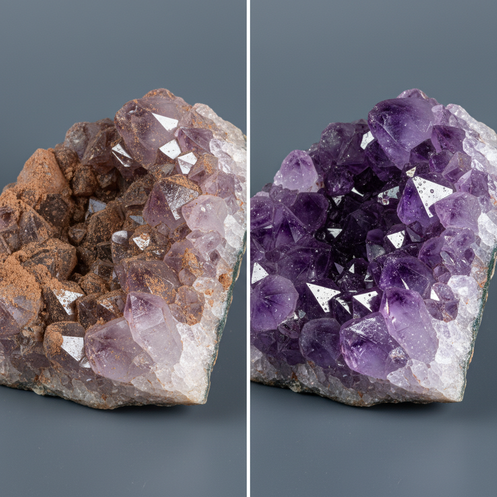 A split-image or juxtaposed scene showcasing the transformative effect of cleaning on amethyst. On one side, a cluster of raw amethyst crystals appears dull, dusty, and slightly murky, lacking its natural vibrancy. On the other side, the same type of amethyst cluster is depicted brilliantly clean, sparkling with deep violet and lavender hues, with light catching its facets and revealing its pristine clarity. The contrast should be stark, emphasizing the 'before and after' effect of proper care. Professional studio photography style with high detail.