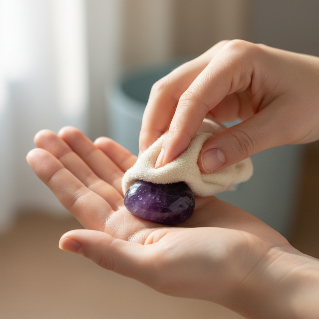A close-up, serene image of hands gently performing the first steps of amethyst cleaning. A beautiful, polished amethyst tumble stone or a small piece of amethyst jewelry (like a pendant) rests in the palm of one hand, while the fingertips of the other hand carefully dab or gently rub it with a soft, slightly damp cloth. Tiny water droplets might be visible, suggesting a gentle wash. The background is blurred and minimalist, evoking a sense of calm and careful maintenance. Soft, natural lighting. Professional, clean photo aesthetic.
