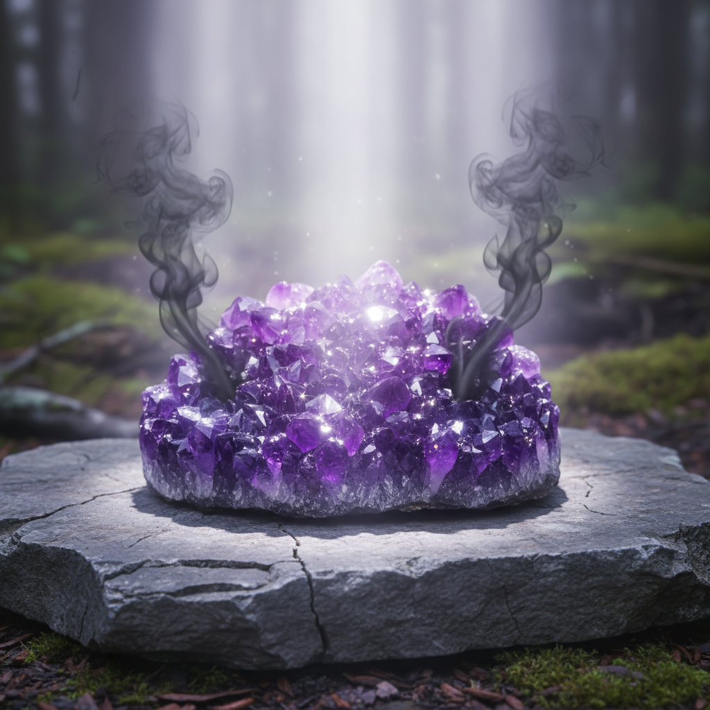 A stunning, large amethyst druse displayed prominently on a smooth, weathered stone surface or a rustic wooden slab. Ethereal, swirling tendrils of dark, smoky energy are visibly receding and dissipating from the druse, suggesting purification. Simultaneously, soft, radiant beams of pure, white or light violet energy are gently permeating and rejuvenating the crystal formation, causing its facets to sparkle with renewed brilliance. The overall atmosphere should convey a sense of calm restoration and energetic balance. Professional photo with a mystical, almost magical realism touch.