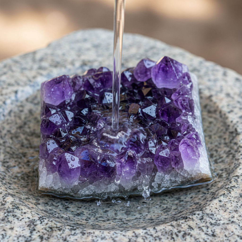 A close-up, high-angle shot of a beautiful amethyst druse being gently rinsed under a stream of pristine, clear water. The water cascades over the numerous crystal points, highlighting their natural contours and vibrant purple hues. The scene should emphasize the purity of the water and the refreshing effect it has on the stone. Subtle light reflections should dance across the wet crystal facets, conveying a sense of cleanliness and revitalization. A clean, minimalist background, perhaps a natural stone basin. Professional photo with a serene and natural aesthetic.