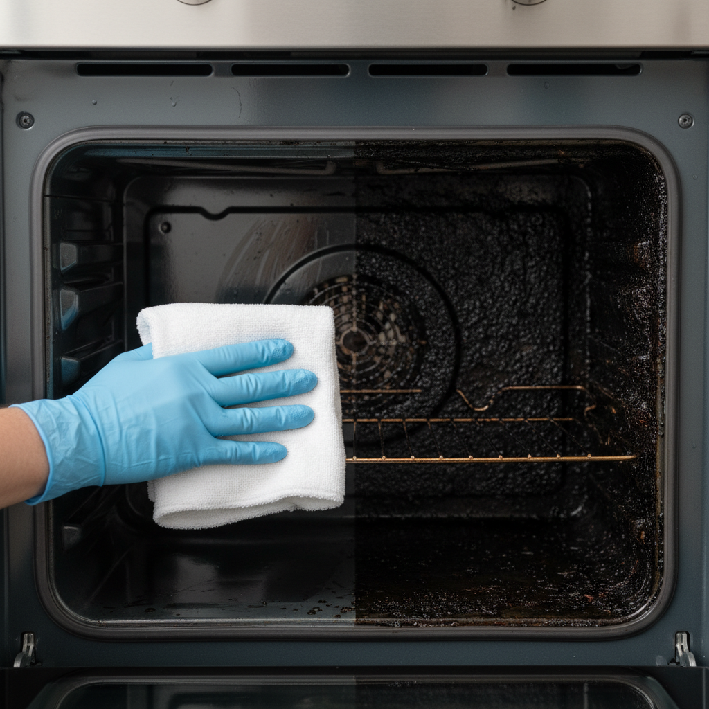 A professional, well-lit photograph of an oven interior. One side of the oven is visibly grimy with thick, dark brown and black baked-on grease and food residues, appearing tough and stubborn. The other side, transitioning smoothly towards the center, is gleaming and spotless, reflecting light. A gloved hand (e.g., with a light blue cleaning glove) is gently wiping the last few water streaks from the clean section with a fresh, white microfiber cloth, suggesting ease and effectiveness. The focus is on the dramatic contrast between the 'before' and 'after' state, emphasizing the powerful cleaning action achieved.