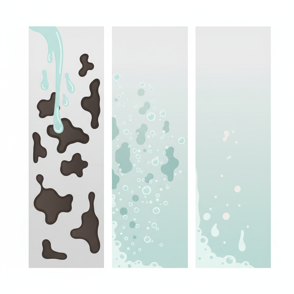 A vibrant, clean flat illustration in an infographic style depicting the chemical action of an oven cleaner. On one side, abstract, dark brown and black, irregularly shaped 'grease blobs' are depicted adhering firmly to a light grey textured surface, representing the oven wall. From the top, a stylized stream or droplets of a light blue or green cleaning liquid flows down. In the middle, the 'grease blobs' are visually breaking down, becoming lighter, smaller, and surrounded by subtle bubbles or dissolving particles, indicating saponification and loosening. The illustration conveys the powerful dissolving action of the cleaner without any specific chemical structures.