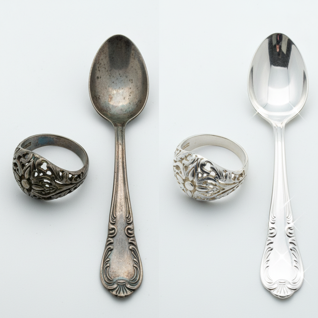 A visually striking side-by-side comparison image. On the left, an antique silver ring and a tarnished silver spoon are dimly lit, showcasing a dull, dark, and oxidized surface texture. Small specks of tarnish are visible, absorbing light. On the right, the same silver ring and spoon are brightly lit, sparkling with a high polish, reflecting ambient light beautifully. The surface is smooth and pristine, emphasizing their restored original luster. A subtle, clean white background enhances the contrast, highlighting the dramatic transformation from dull to dazzling. The focus is on the renewed brilliance of the cleaned metal. Professional product photography style.