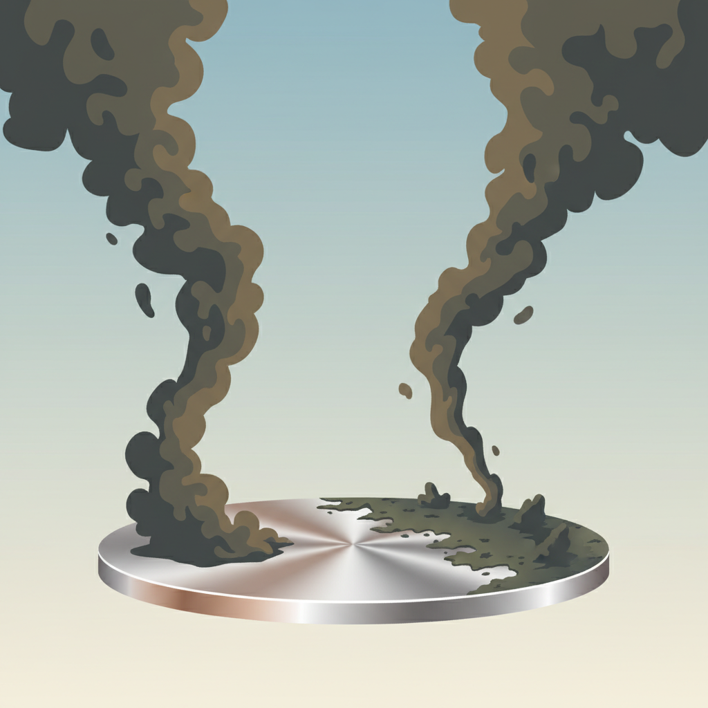 A stylized flat illustration or infographic style image depicting the concept of metal tarnishing. In the foreground, a smooth, metallic surface (like a piece of polished silver or copper) is shown. Above and around the metal, abstract, swirling dark gray or brownish cloud-like elements represent 'sulfur compounds' or 'air pollutants' descending onto the surface. Where these elements meet the metal, a thin, dark, slightly textured layer is forming on the metal's surface, visually representing the oxidation process. The background is clean and simple, focusing solely on the interaction between the metal and the environmental elements causing tarnish.